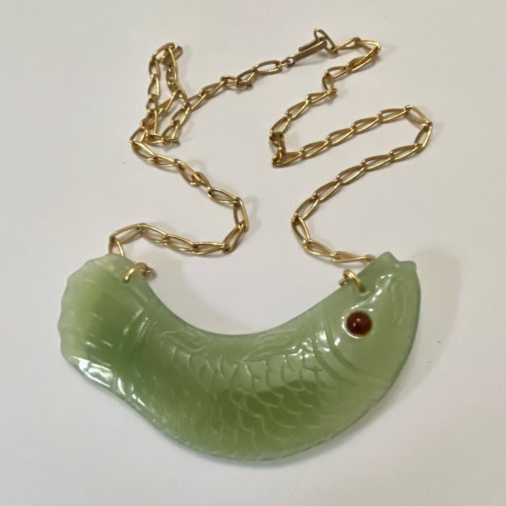 Vintage, 4.5in Carved Fish Jade  Necklace
