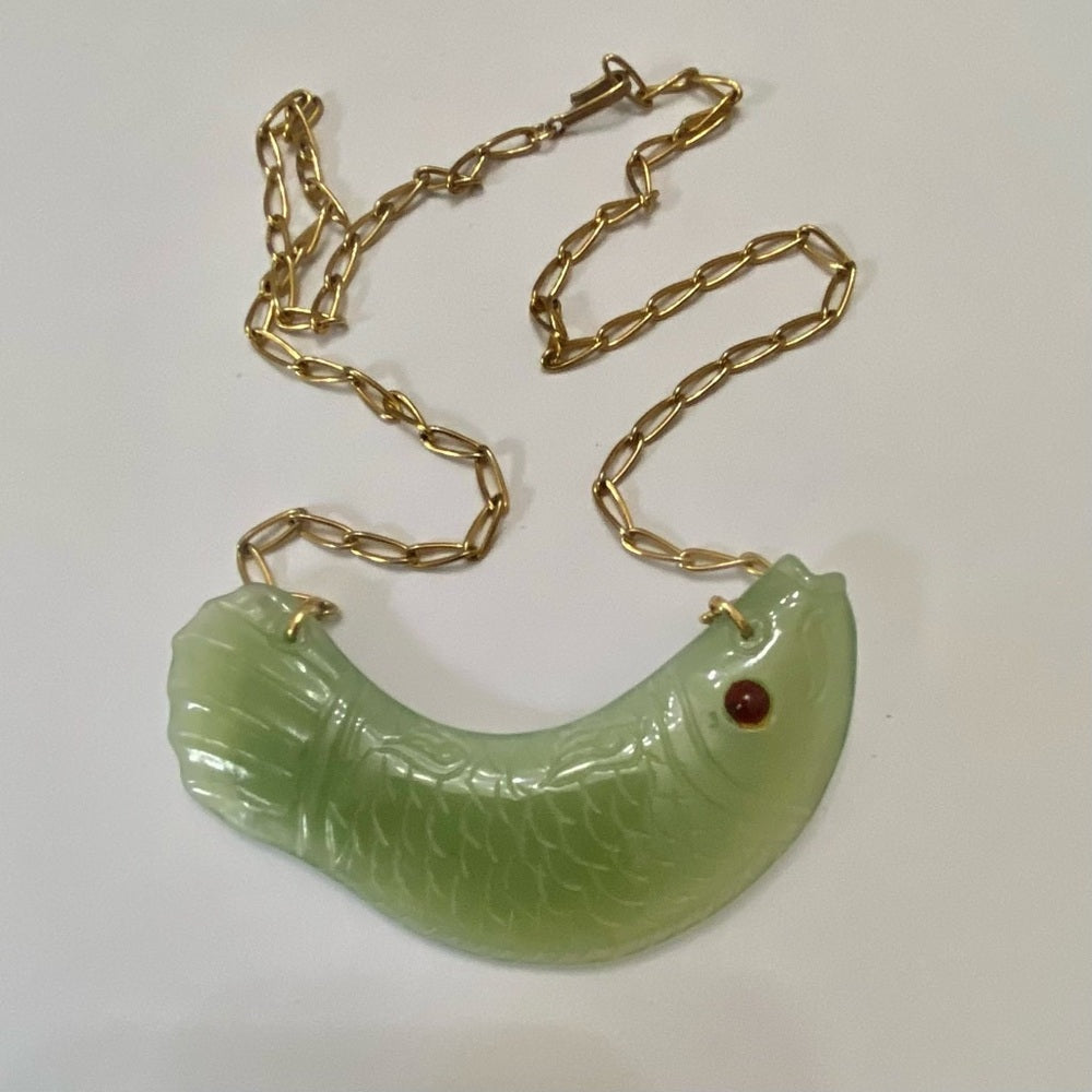 Vintage, 4.5in Carved Fish Jade  Necklace