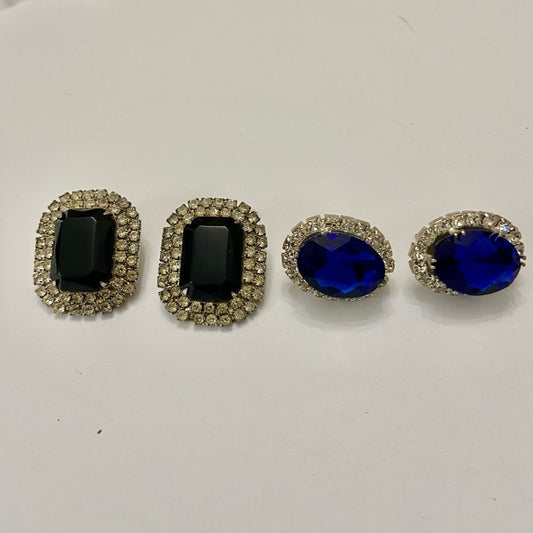 Vintage, Silver Tone, 2 Pairs of Black and Blue Rhinestone Pierced Earrings