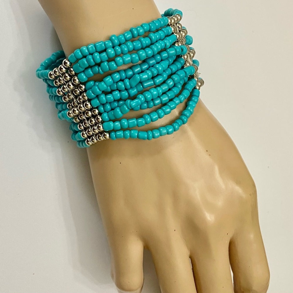 Beautiful, Multi-layer Faux Turquoise  Beaded Stretch Bracelet 8.5in L x 1 1/2in