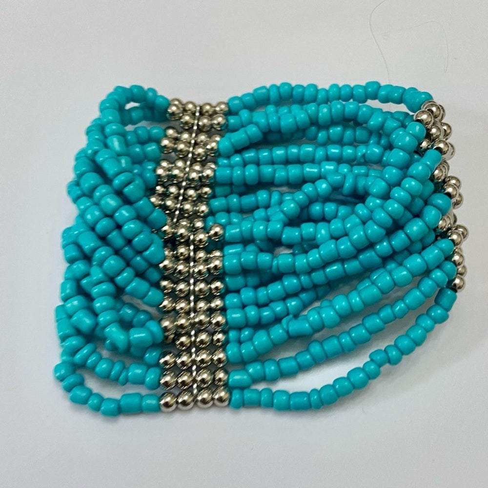 Beautiful, Multi-layer Faux Turquoise  Beaded Stretch Bracelet 8.5in L x 1 1/2in