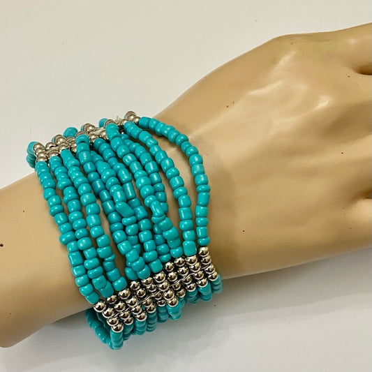 Beautiful, Multi-layer Faux Turquoise  Beaded Stretch Bracelet 8.5in L x 1 1/2in