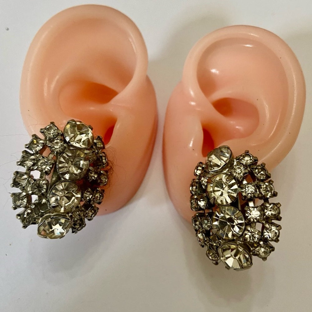 Vintage, Faux Clear Gemstone- Rhinestones Clip Earrings