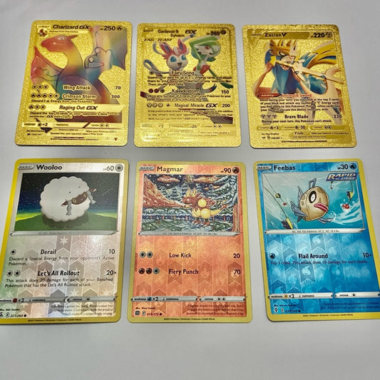 Lot (A): 3 Pokemon Reverse Holo Cards and 3 Pokemon Gold Fan Arts