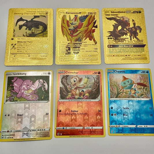 Lot (B): 3 Pokemon Reverse Holo Cards and 3 Pokemon Gold Fan Arts