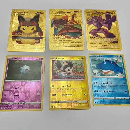 Lot (C): 3 Pokemon Reverse Holo Cards and 3 Pokemon Gold Fan Arts