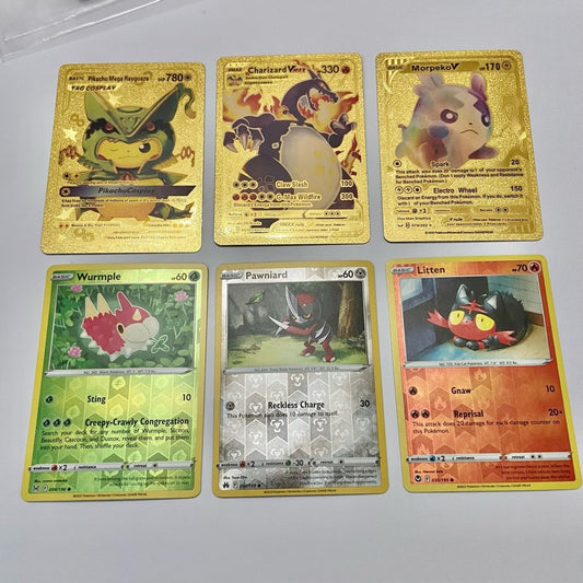 Lot (D): 3 Pokemon Reverse Holo Cards and 3 Pokemon Gold Fan Arts