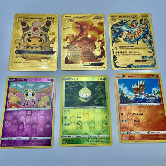 Lot (E): 3 Pokemon Reverse Holo Cards and 3 Pokemon Gold Fan Arts