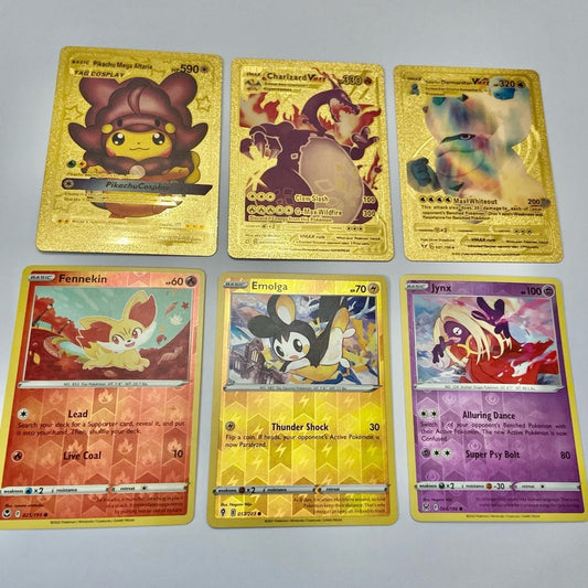 Lot (F): 3 Pokemon Reverse Holo Cards and 3 Pokemon Gold Fan Arts