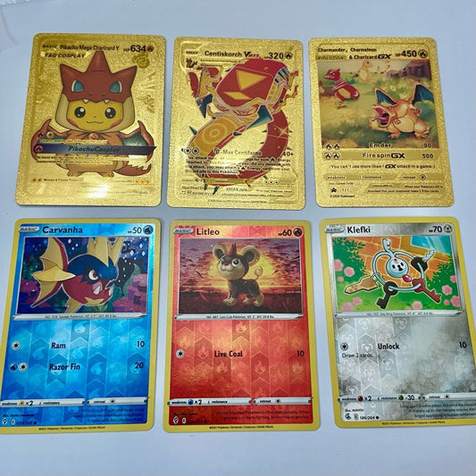 Lot (H): 3 Pokemon Reverse Holo Cards and 3 Pokemon Gold Fan Arts