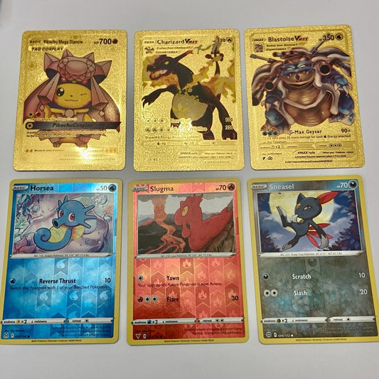 Lot (I): 3 Pokemon Reverse Holo Cards and 3 Pokemon Gold Fan Arts
