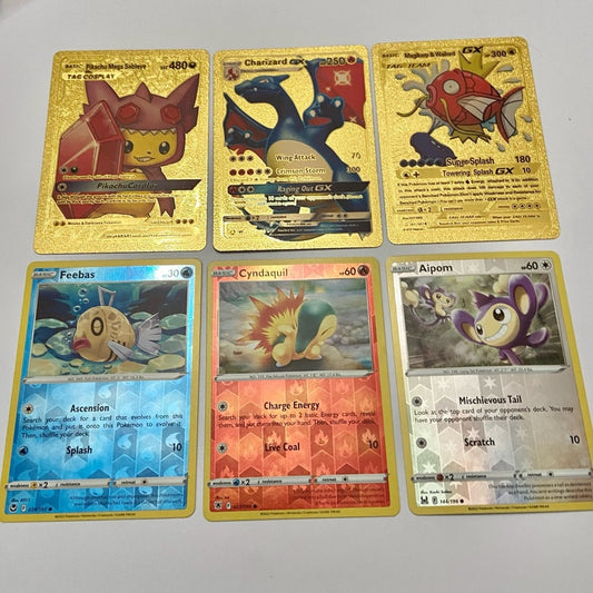 Lot (J): 3 Pokemon Reverse Holo Cards and 3 Pokemon Gold Fan Arts