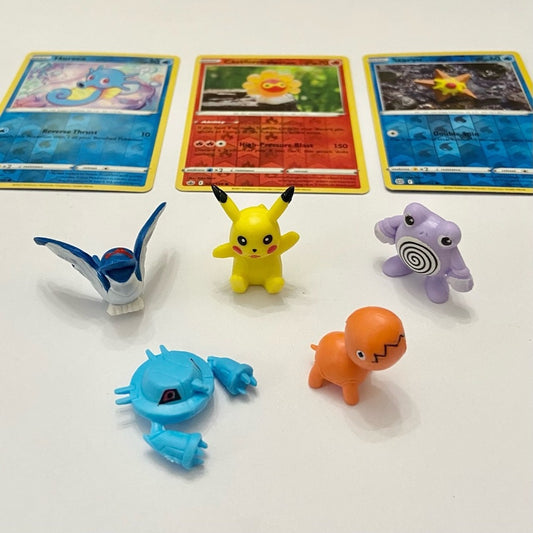 Lot (F): 3 Pokemon Reverse Holo Cards and 5 Pokemon Figures