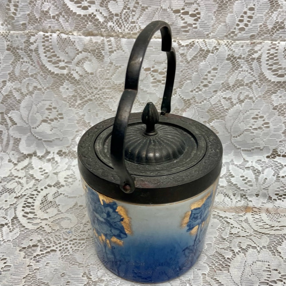 Antique, Victoria Ironstone Floral Flow Blue Biscuit  Jar