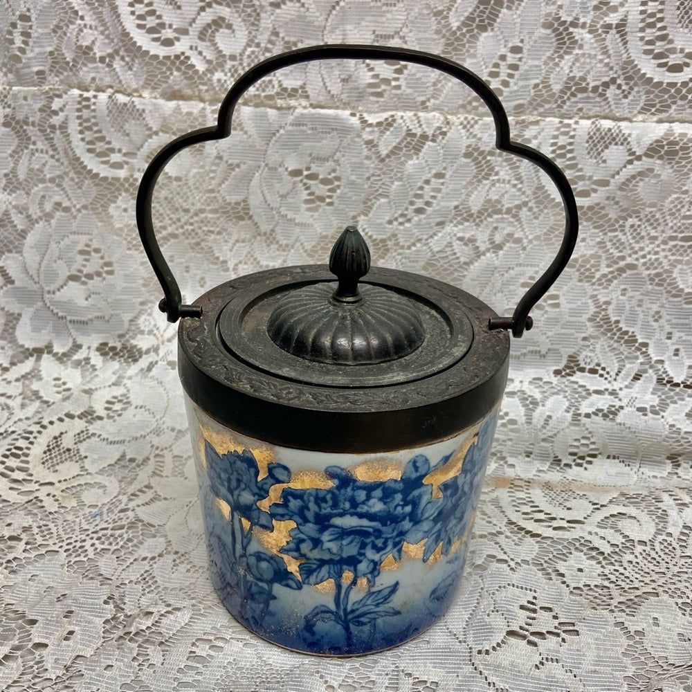 Antique, Victoria Ironstone Floral Flow Blue Biscuit  Jar