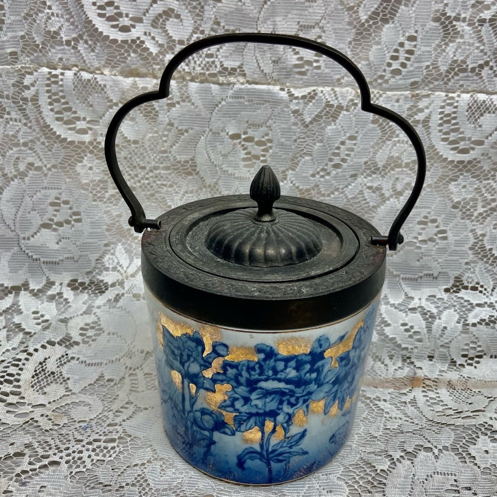 Antique, Victoria Ironstone Floral Flow Blue Biscuit  Jar