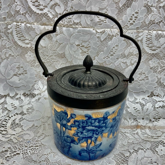 Antique, Victoria Ironstone Floral Flow Blue Biscuit  Jar