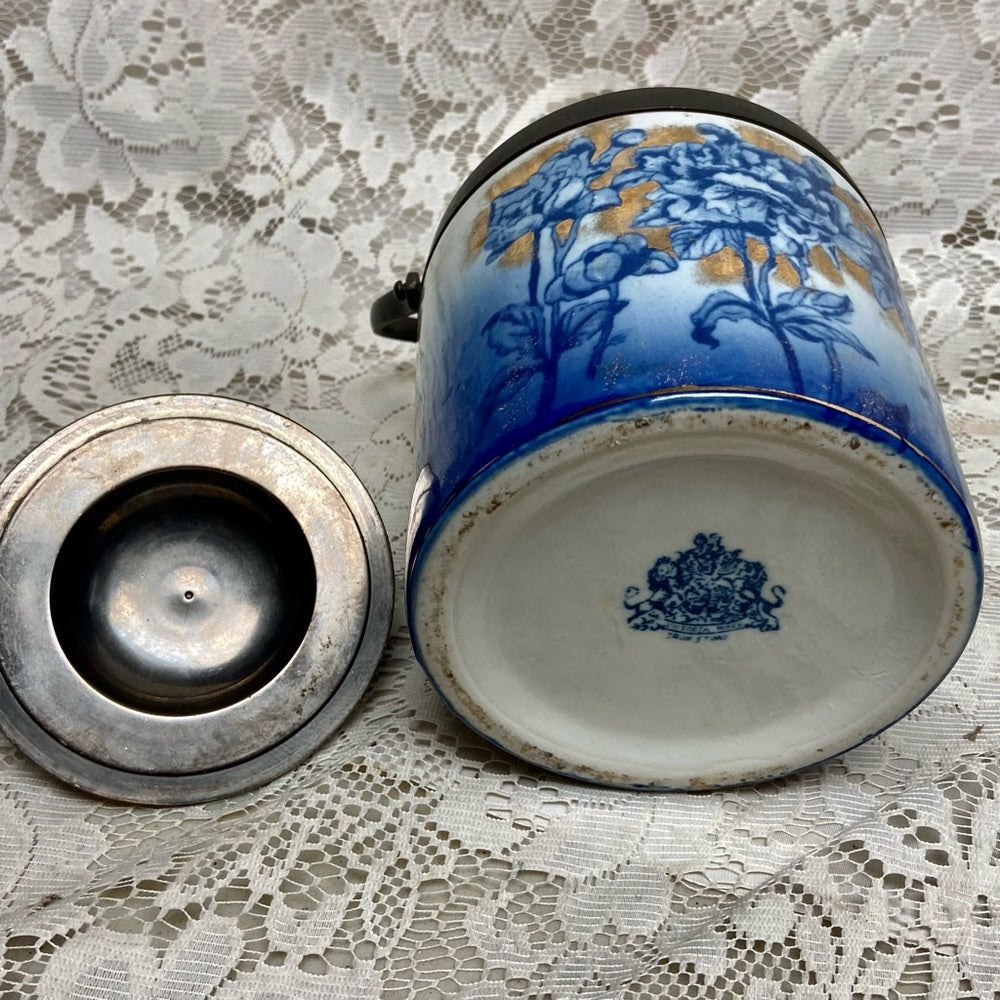 Antique, Victoria Ironstone Floral Flow Blue Biscuit  Jar