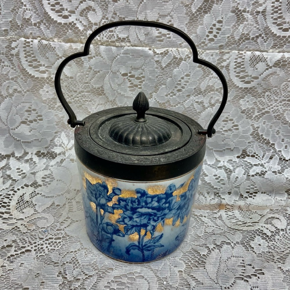 Antique, Victoria Ironstone Floral Flow Blue Biscuit  Jar