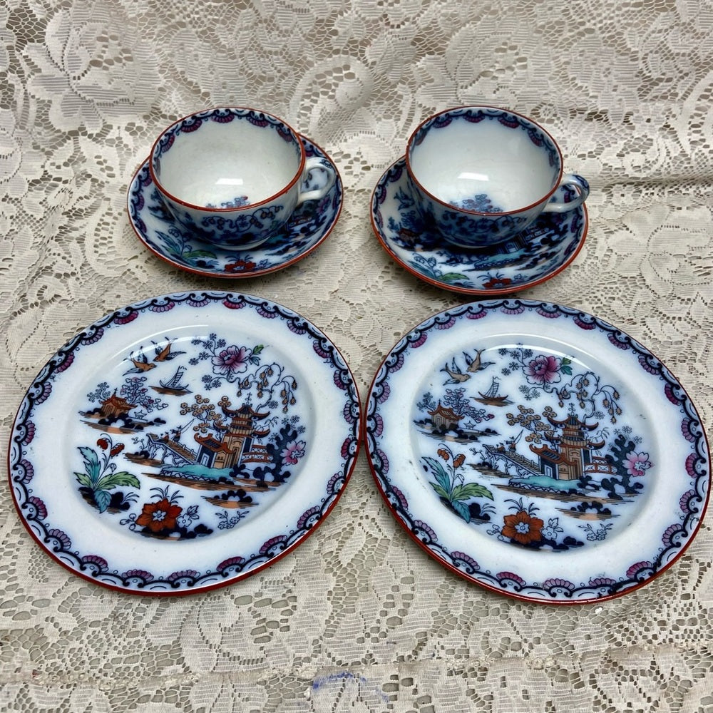 Antique, Flow Blue Willow, E.M. Co., England, 6pc- 2 Trio Set