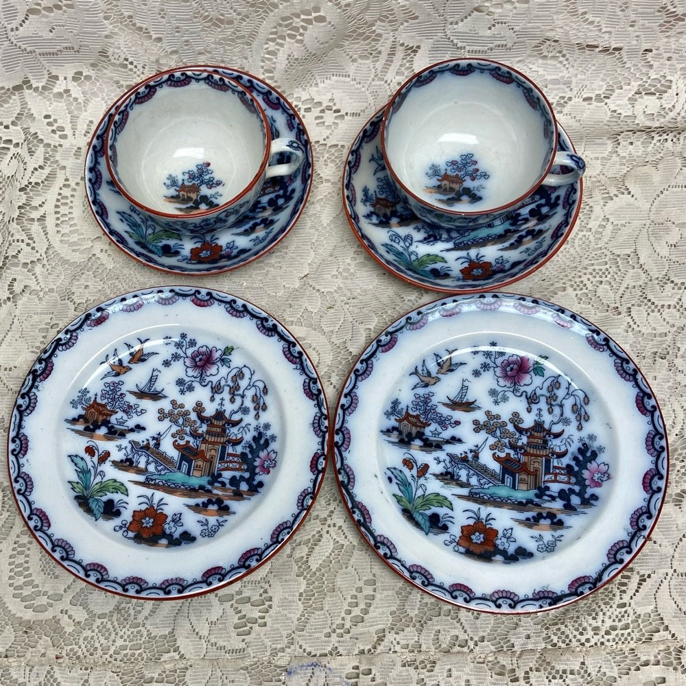 Antique, Flow Blue Willow, E.M. Co., England, 6pc- 2 Trio Set