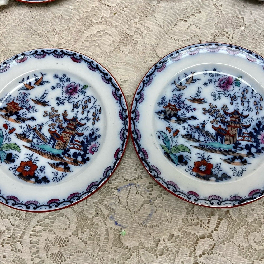 Antique, Flow Blue Willow, E.M. Co., England, 6pc- 2 Trio Set