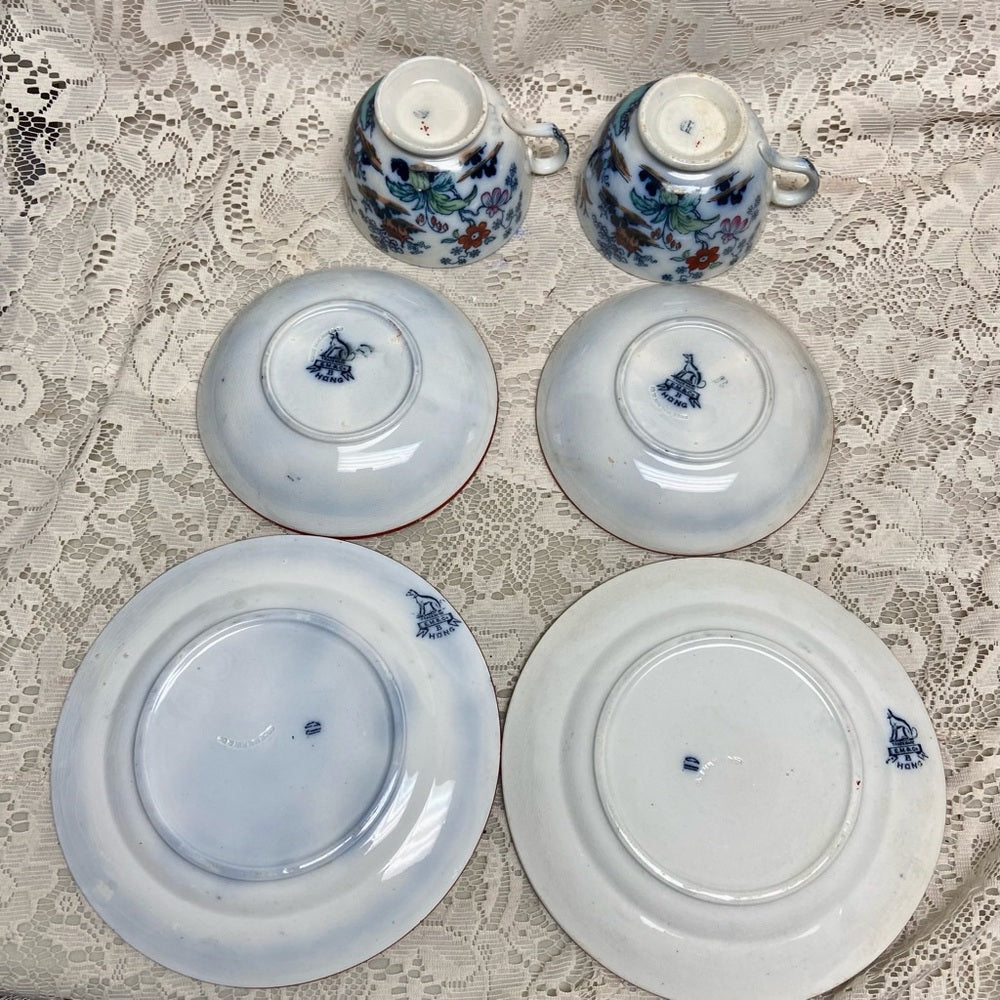 Antique, Flow Blue Willow, E.M. Co., England, 6pc- 2 Trio Set