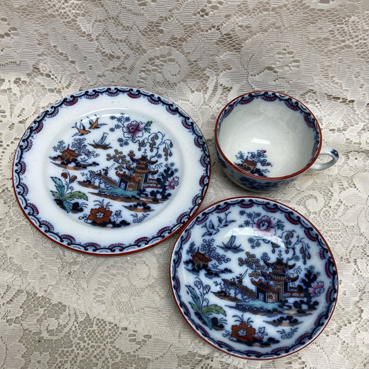 Antique, Flow Blue Willow, E.M. Co., England,Trio Set