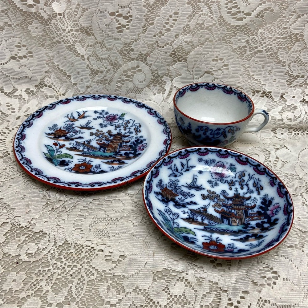 Antique, Flow Blue Willow, E.M. Co., England,Trio Set