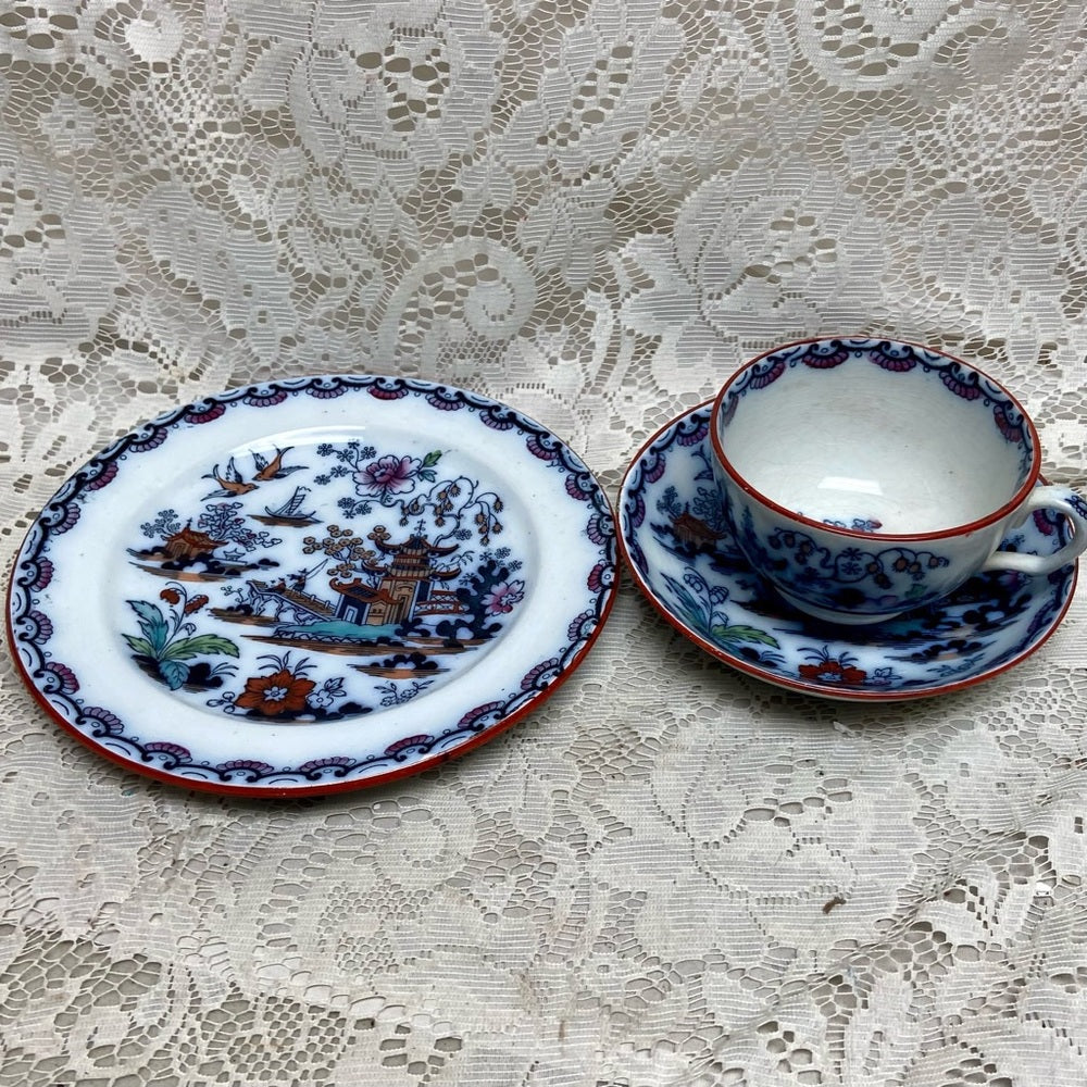 Antique, Flow Blue Willow, E.M. Co., England,Trio Set