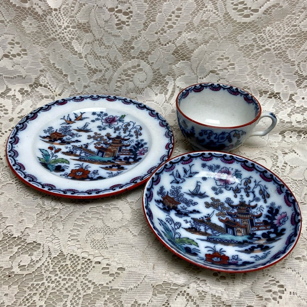 Antique, Flow Blue Willow, E.M. Co., England,Trio Set