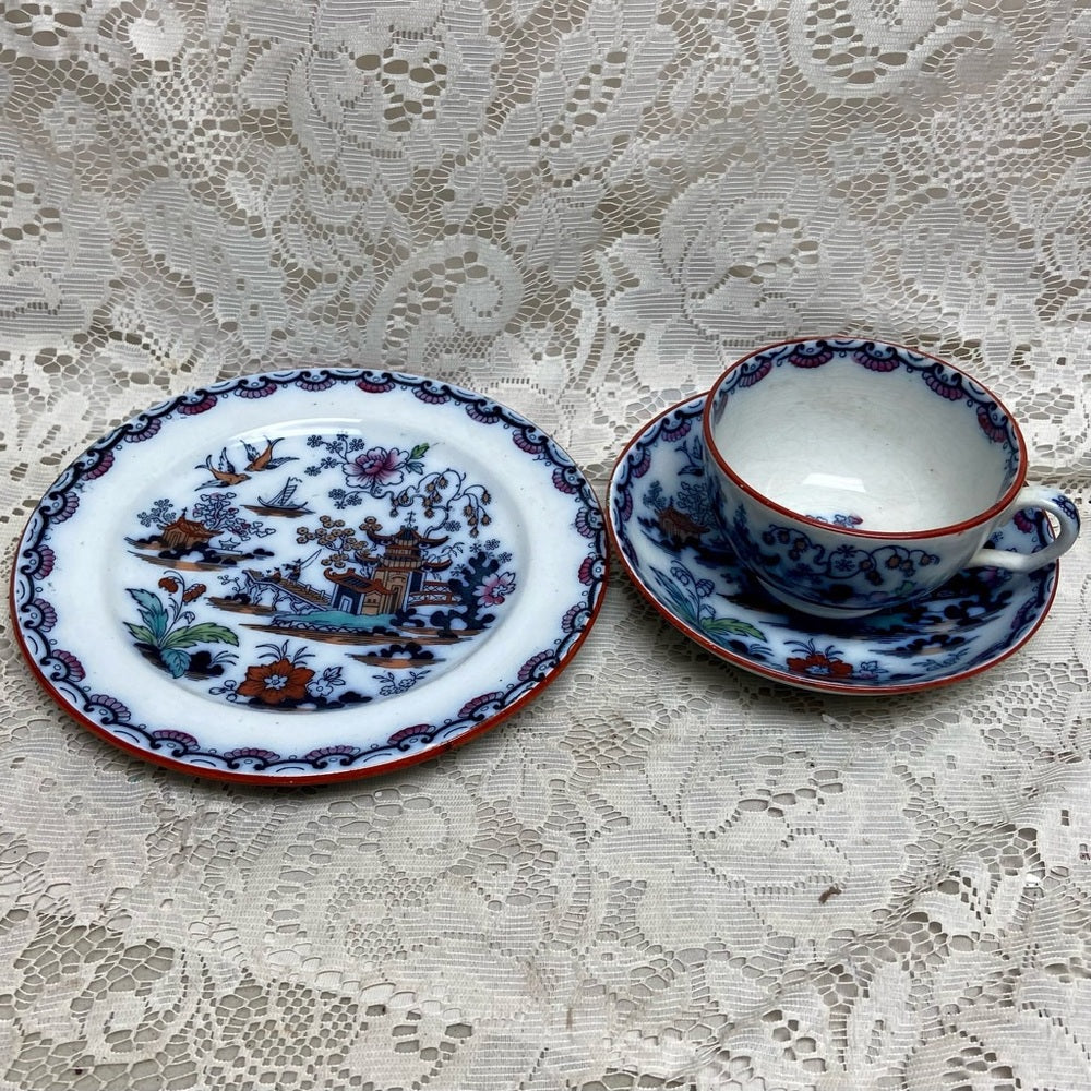 Antique, Flow Blue Willow, E.M. Co., England,Trio Set