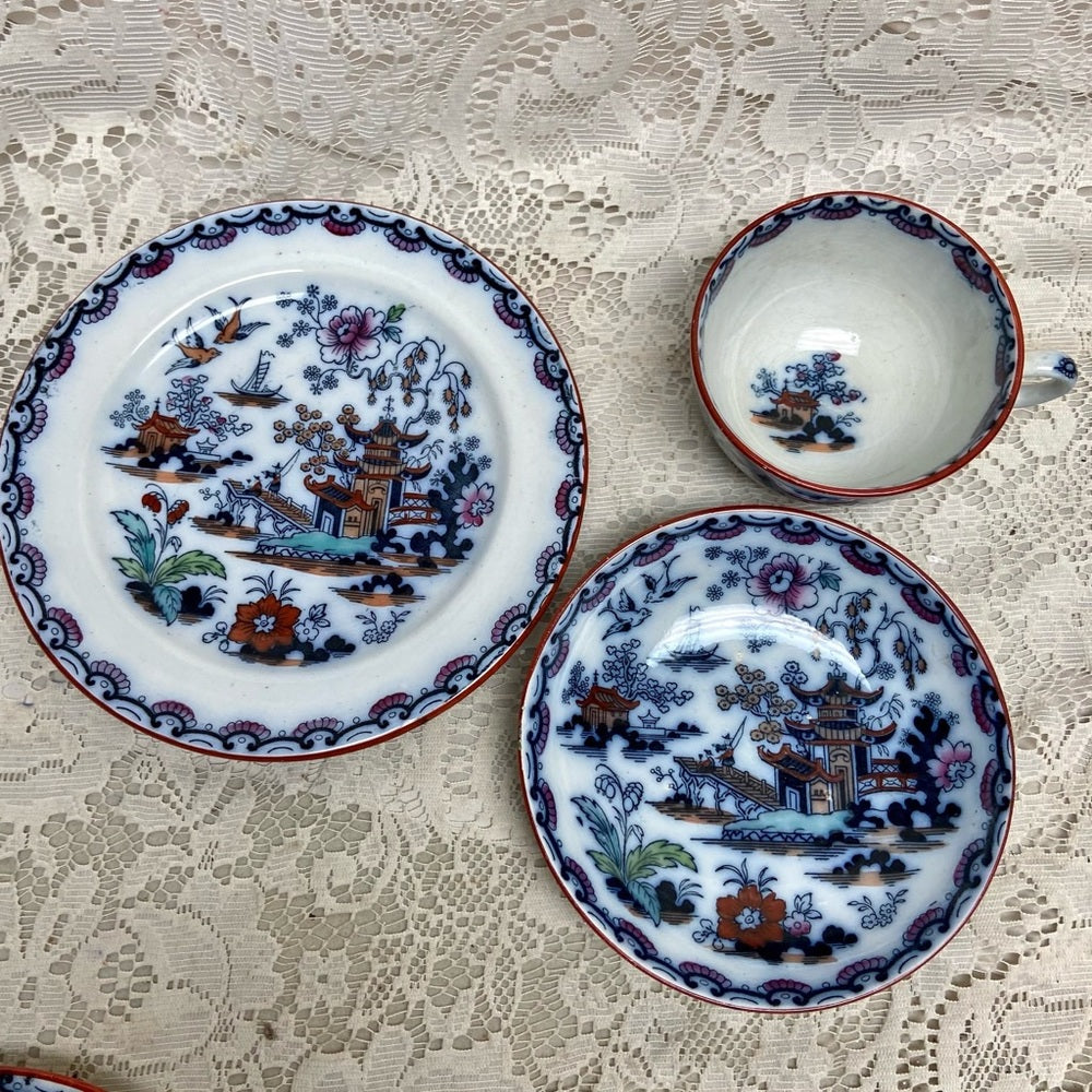 Antique, Flow Blue Willow, E.M. Co., England,Trio Set