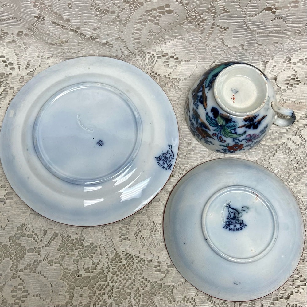 Antique, Flow Blue Willow, E.M. Co., England,Trio Set