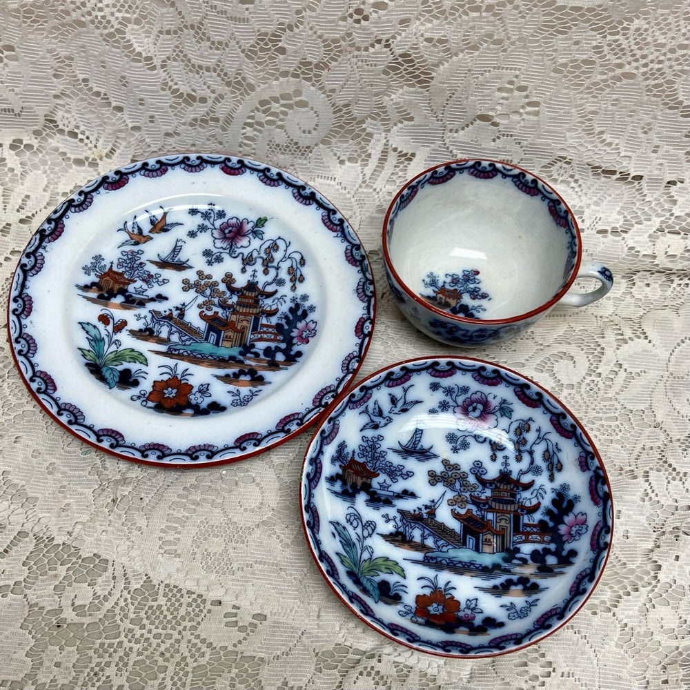 Antique, Flow Blue Willow, E.M. Co., England,Trio Set