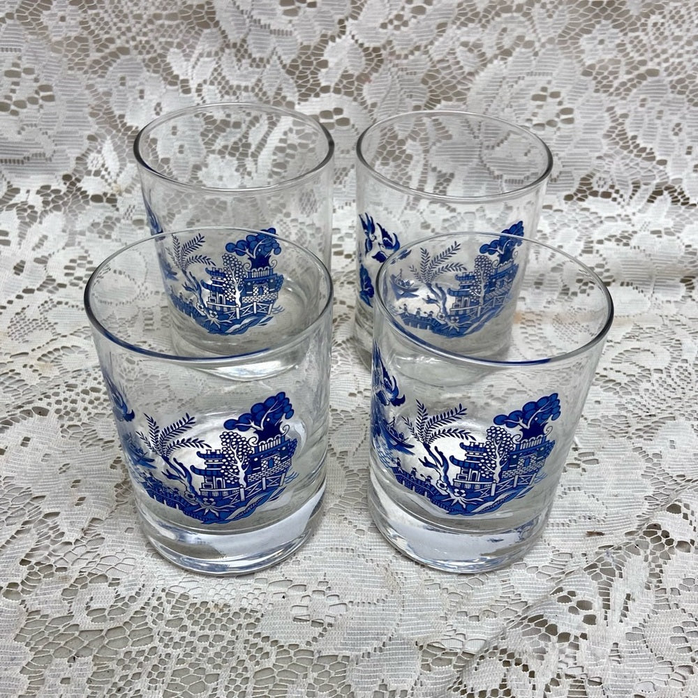 Vintage, Heavy  4pc Blue Willow Libbey Glass Tumblers