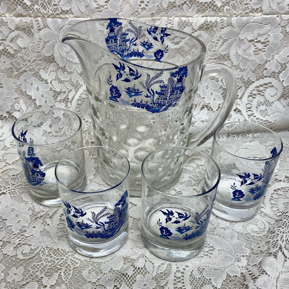 Vintage, Heavy  4pc Blue Willow Libbey Glass Tumblers