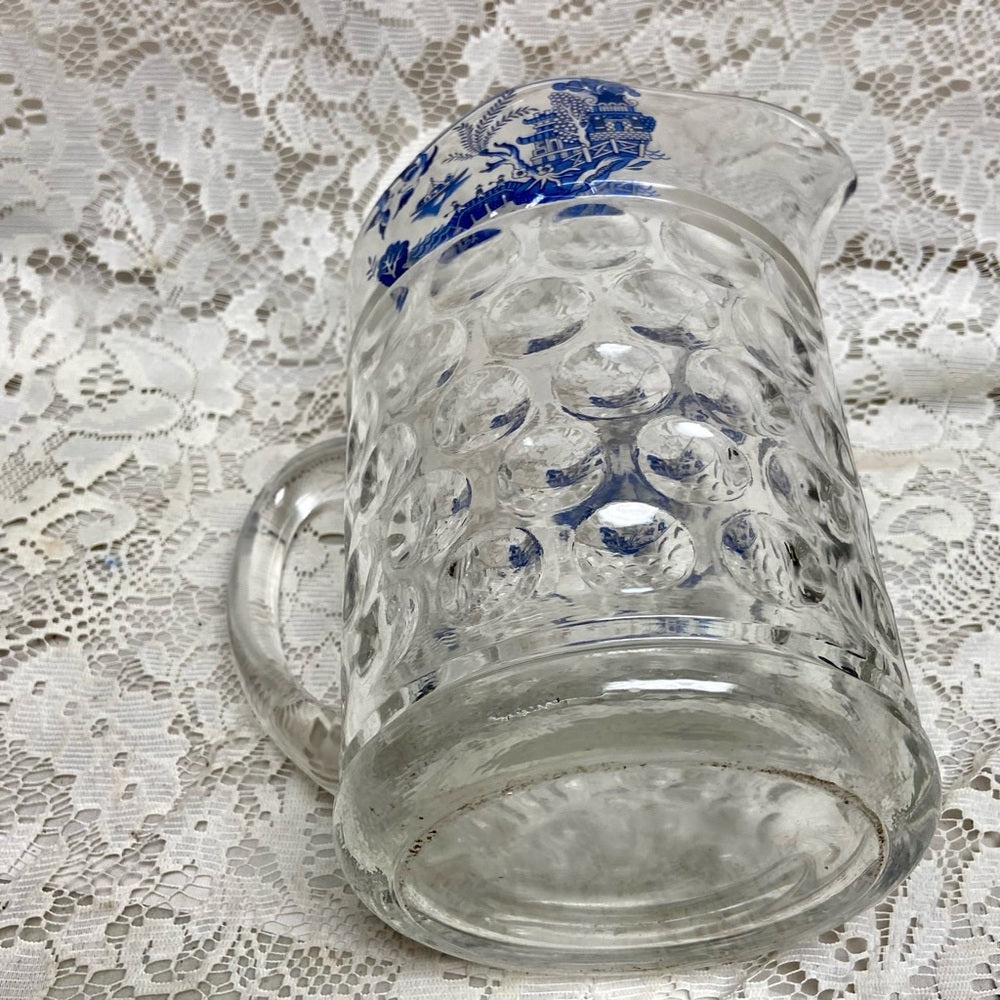 Vintage, Heavy Coin Dot Glass Blue Willow Pitcher
