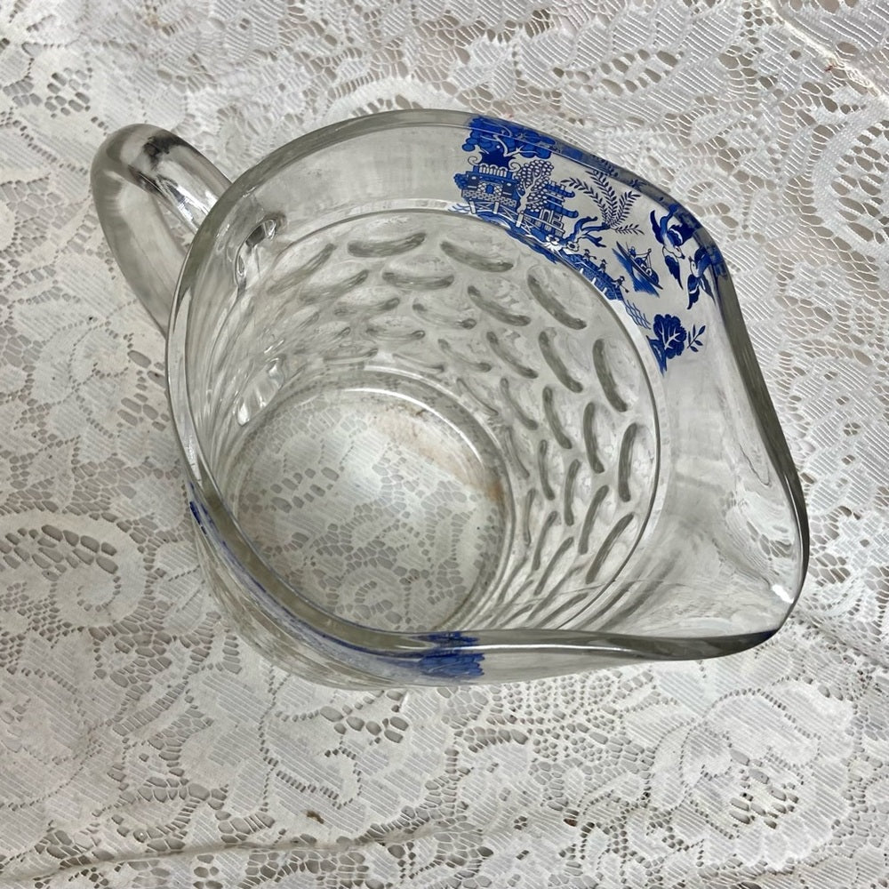 Vintage, Heavy Coin Dot Glass Blue Willow Pitcher