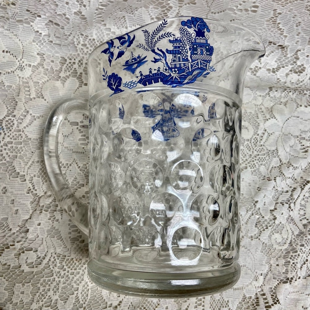 Vintage, Heavy Coin Dot Glass Blue Willow Pitcher