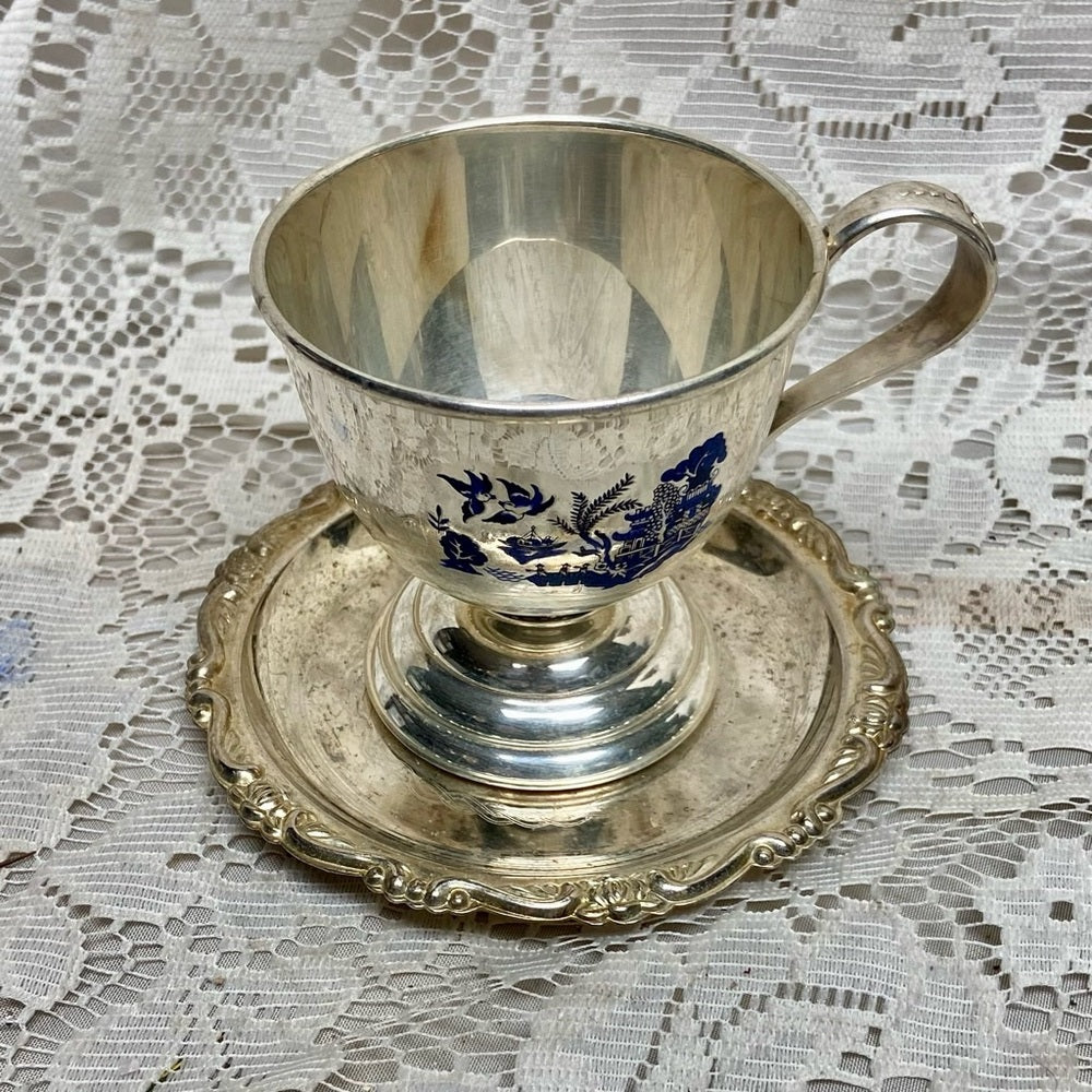 Vintage, 2pc Blue Willow Silver Plated Cups and Saucers