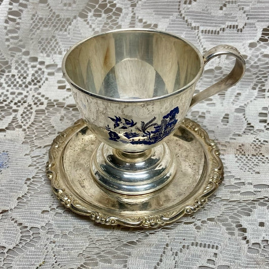 Vintage, 2pc Blue Willow Silver Plated Cups and Saucers