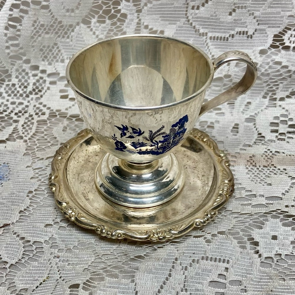 Vintage, 2pc Blue Willow Silver Plated Cups and Saucers