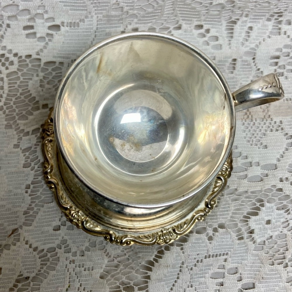 Vintage, 2pc Blue Willow Silver Plated Cups and Saucers