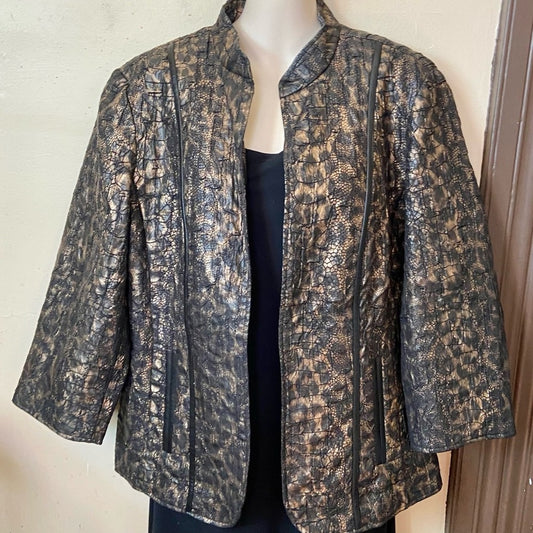 Chicos, Black and Gold Faux Reptile Leather Jacket  Size 2