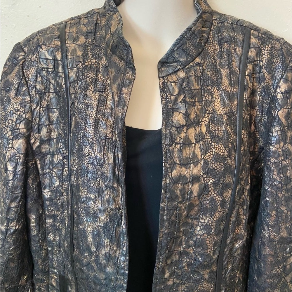 Chicos, Black and Gold Faux Reptile Leather Jacket  Size 2