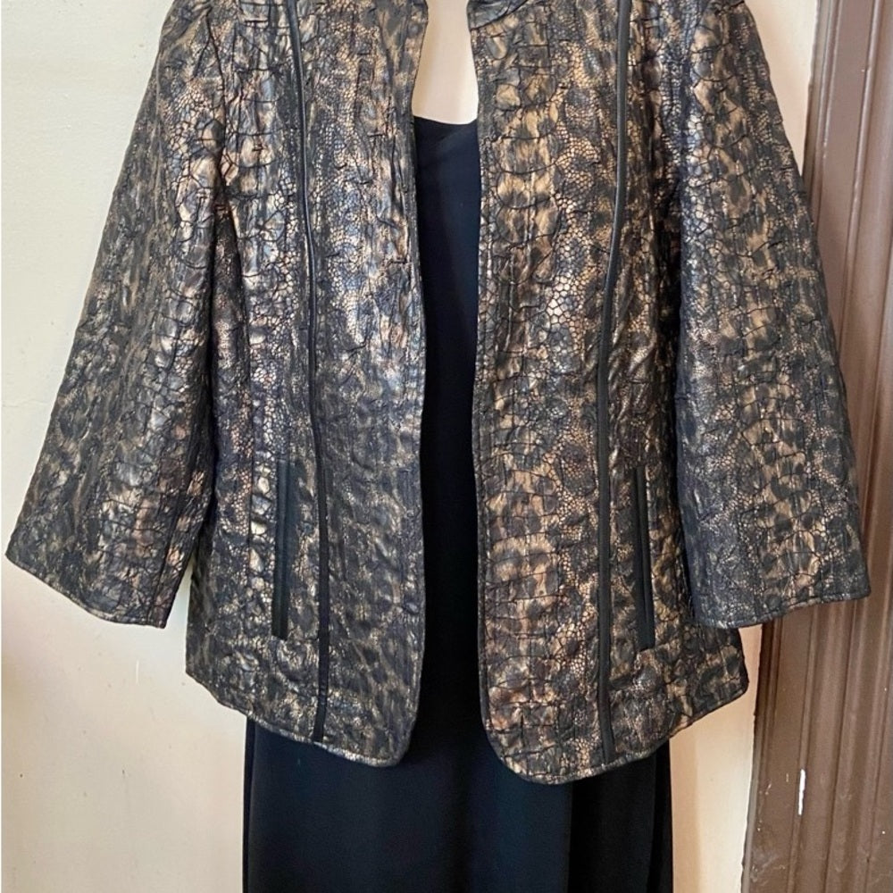 Chicos, Black and Gold Faux Reptile Leather Jacket  Size 2