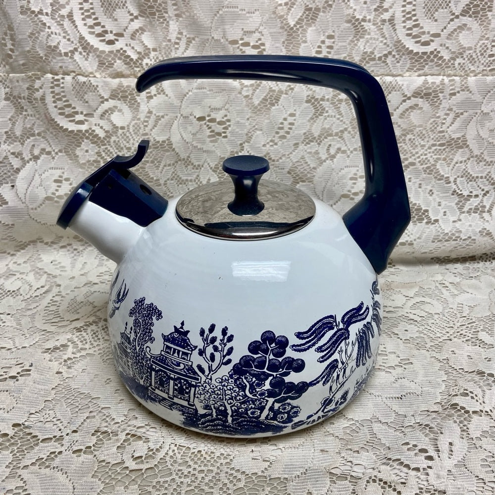 Vintage, Heritage Mint,  Blue Willow Enamelware Tea Kettle 9n W x 7.5in H