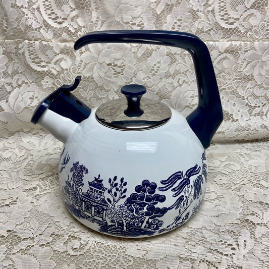 Vintage, Heritage Mint,  Blue Willow Enamelware Tea Kettle 9n W x 7.5in H