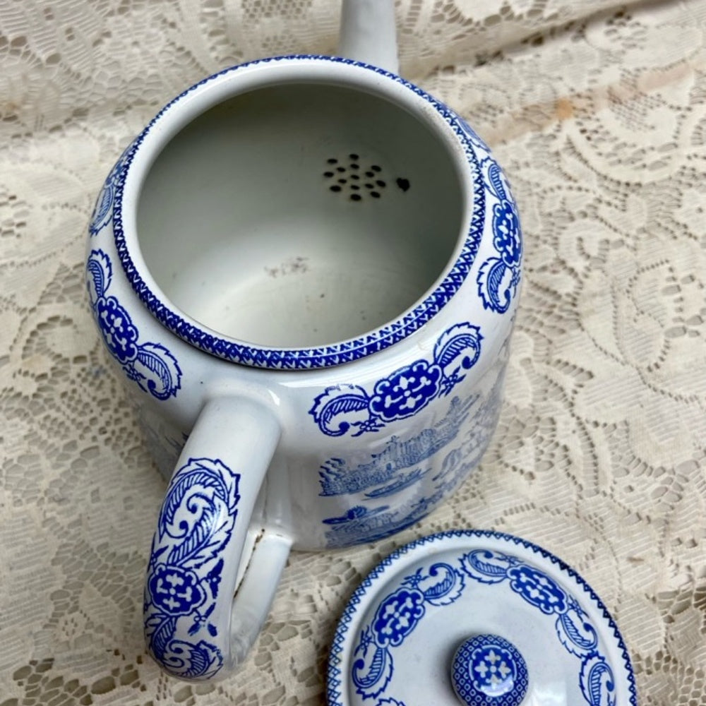 Antique,Rare, Blue Willow Enamelware Teapot or Tea Kettle 10in W x 7.5in H